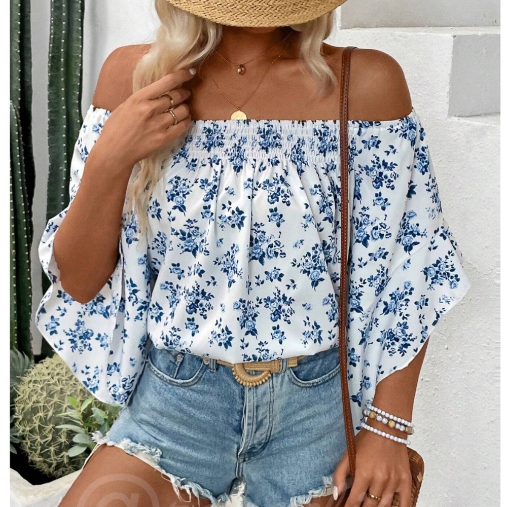 White Blue Floral Off Shoulder Top Flounce Ruffle Sleeve